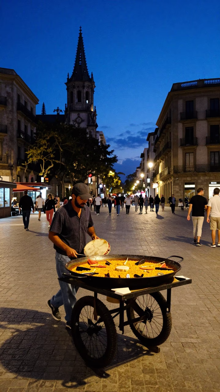 Blue Hour Barcelona Street Scene with Paella and Tambourine in in Barcelona, Spain