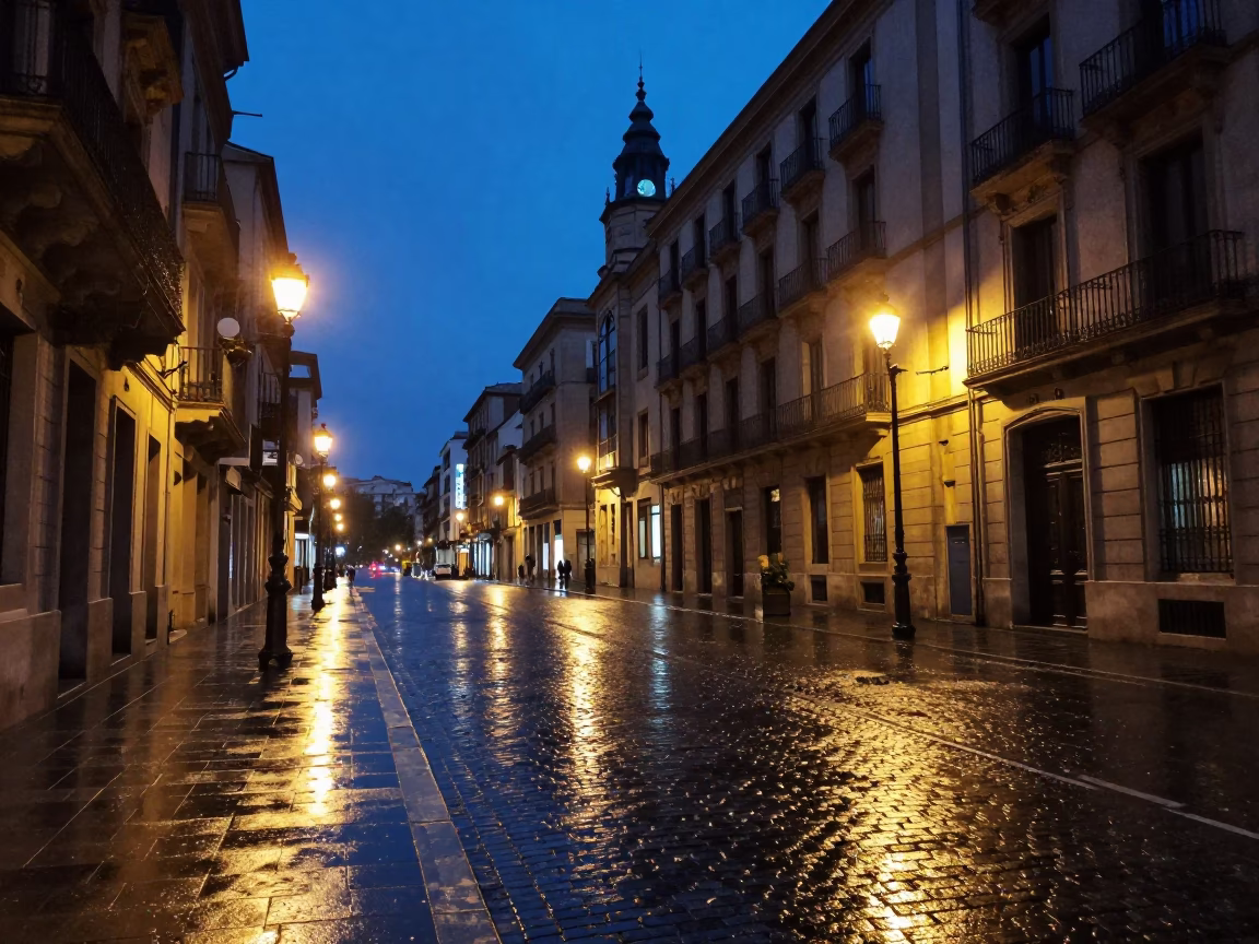 Blue Hour Barcelona Street Scene with Rain-Slicked Cobblestones and Urban Ambience in in Barcelona, Spain