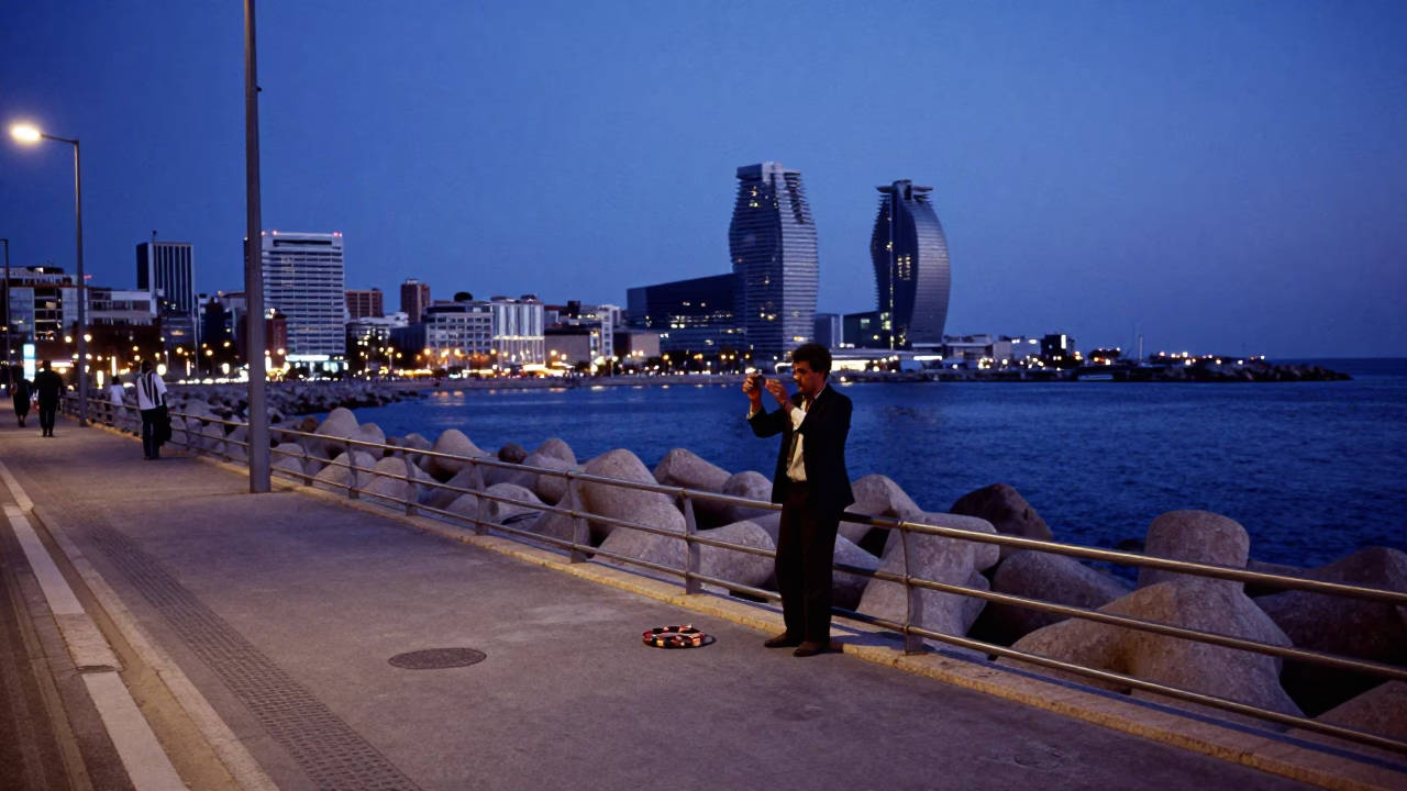 Blue Hour Barcelona Street Scene with Tambourine and Harbor Breakwater in in Barcelona, Spain