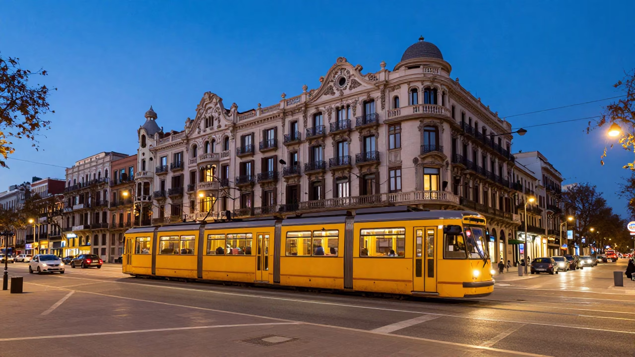Blue Hour Barcelona Street Scene with Tram Passing Art Nouveau Facades in in Barcelona, Spain
