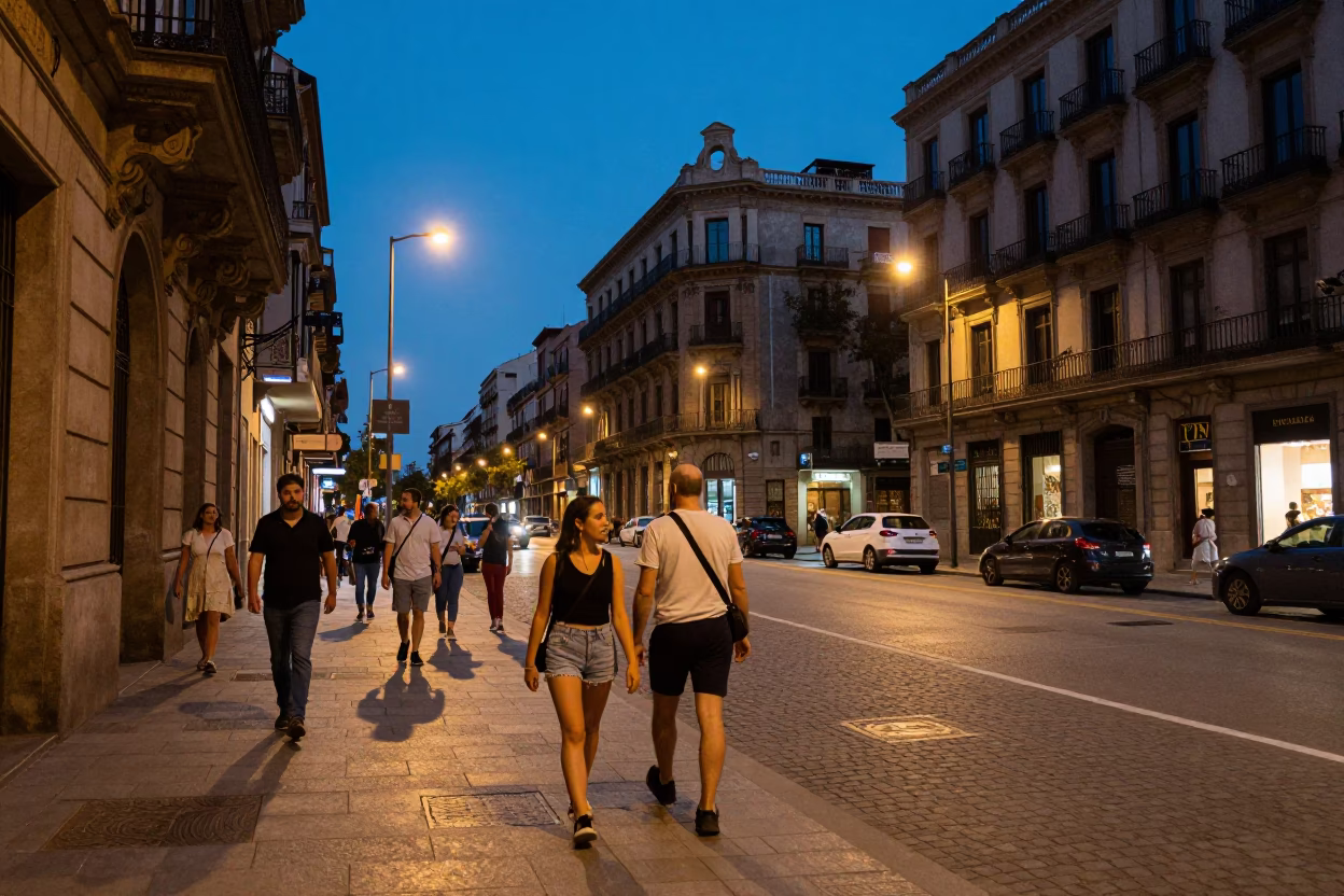 Blue Hour Barcelona Street Scene with Vintage 1970s Aesthetic and Urban Details in in Barcelona, Spain