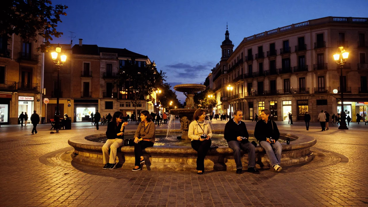 Blue Hour Barcelona Street Scene with Vintage Camera Gear and Local Details in in Barcelona, Spain