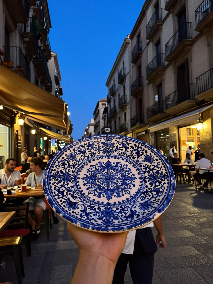 Blue Hour Barcelona Street Scene with Vintage Majolica Plate and Local Diners in in Barcelona, Spain