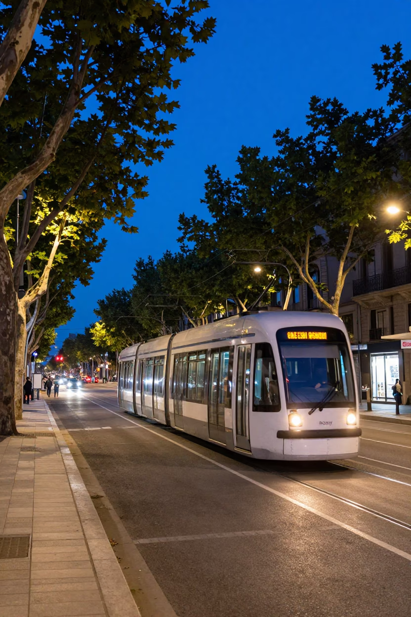 Blue Hour Barcelona Tramcar on Tree Lined Boulevard with City Lights in in Barcelona, Spain