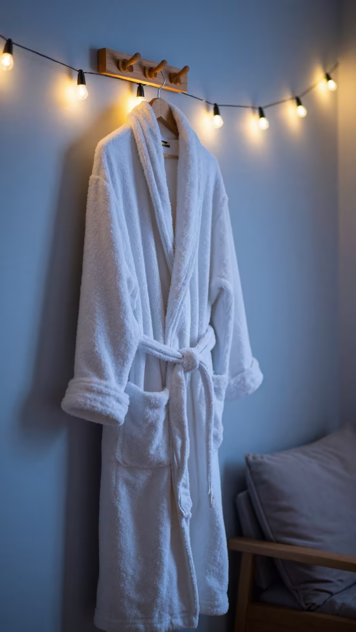 Blue Hour Bathrobe on Reading Nook Hook in on a reading nook cushion in Łódź