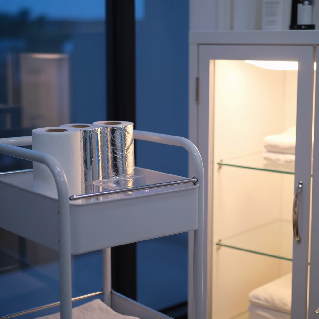 Blue Hour Beauty Cart and Towel Cabinet Cebu in in a beauty supply area under white LEDs in Cebu