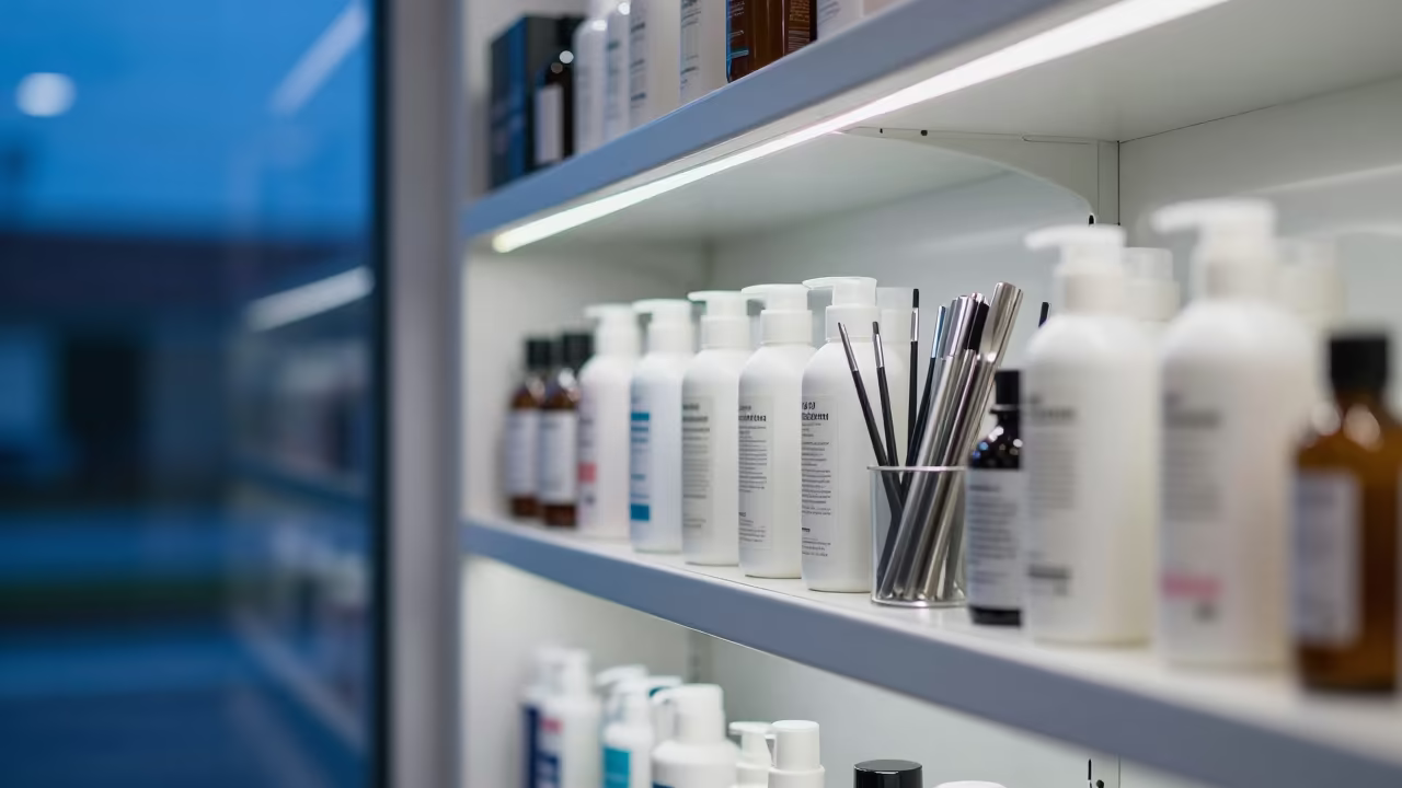 Blue Hour Beauty Shelf in Séguéla in in a beauty supply area under white LEDs in Séguéla