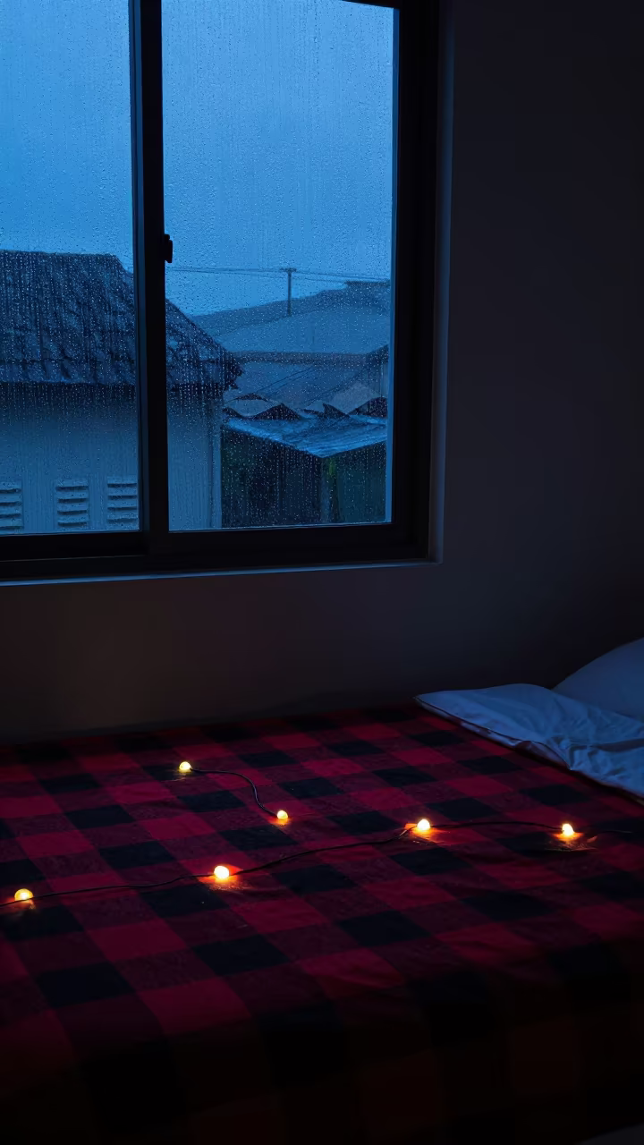 Blue Hour Bed with Flannel Near Malacca Window in beside a rain-streaked window near Malacca