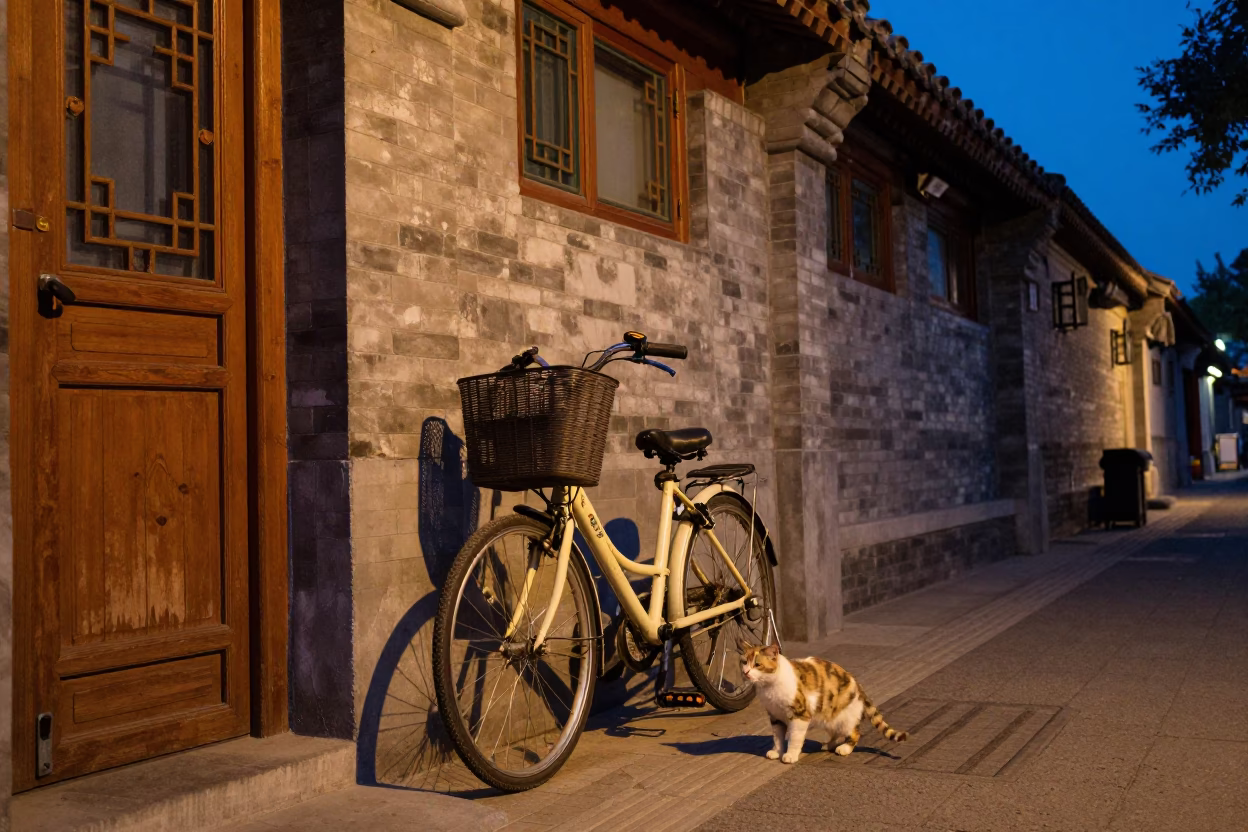 Blue Hour Beijing Street Scene with Bicycle Basket and Cat in in Beijing, China