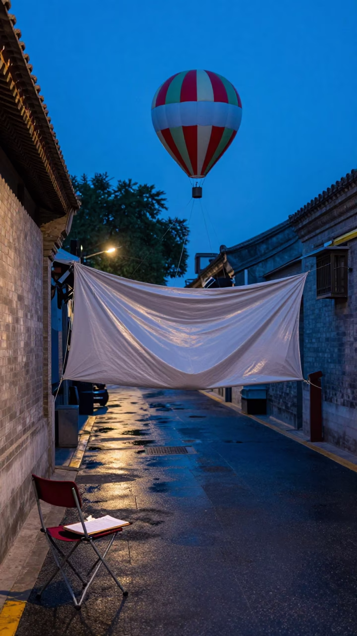 Blue Hour Beijing Street Scene with Folding Chair and Clipboard in in Beijing, China