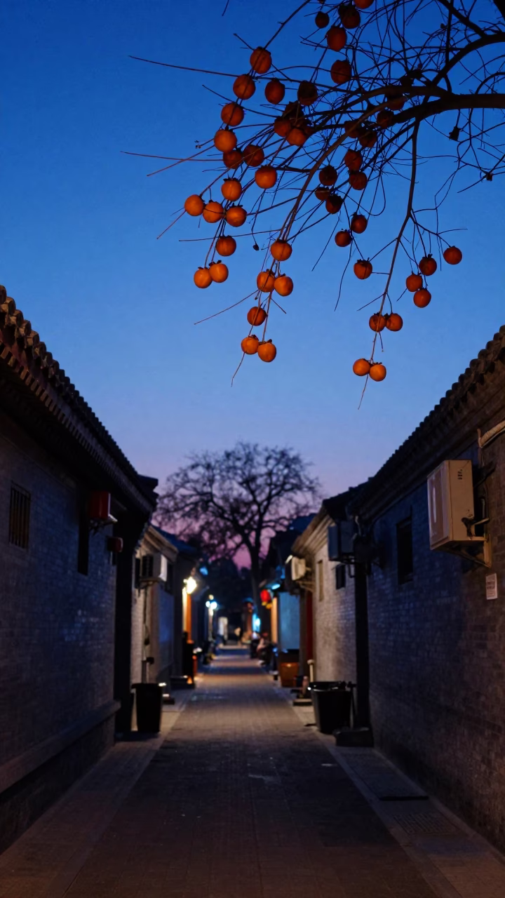 Blue Hour Beijing Street Scene with Hanging Persimmons and Traditional Architecture in in Beijing, China