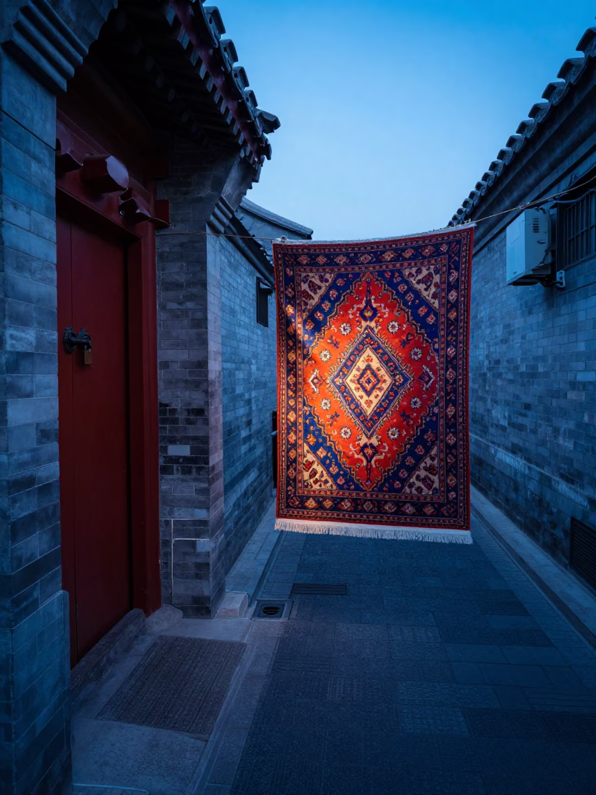 Blue Hour Beijing Street Scene with Padlock and Patterned Rug Near Traditional Architecture in in Beijing, China