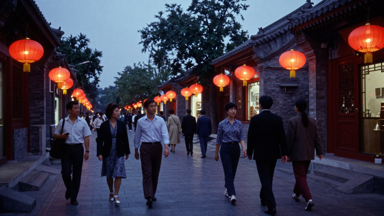 Blue Hour Beijing Street Scene with Traditional Lanterns and Pedestrians in in Beijing, China