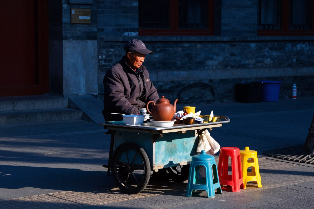 Blue Hour Beijing Street Scene with Vendor and Colorful Objects in in Beijing, China