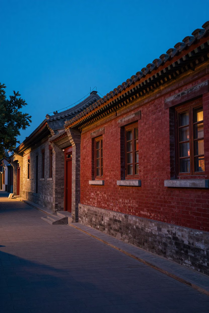 Blue Hour Beijing Street Scene with Vintage 1960s Architecture and Local Life in in Beijing, China