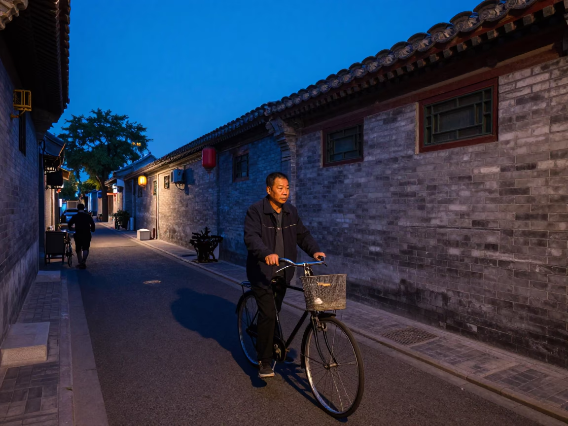 Blue Hour Beijing Street Scene with Vintage Bicycle and Traditional Architecture in in Beijing, China