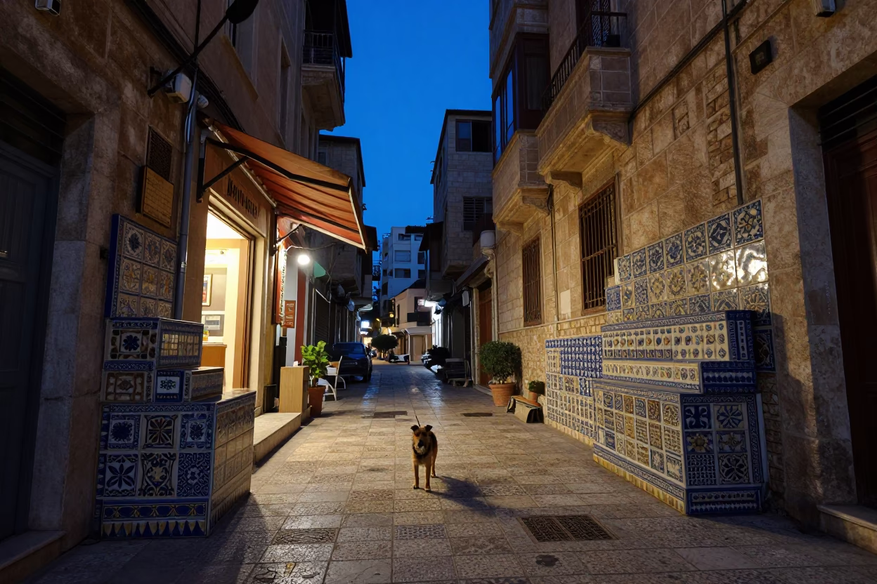 Blue Hour Beirut Street Scene with Ceramic Tiles and Cairn Terrier in in Beirut, Lebanon