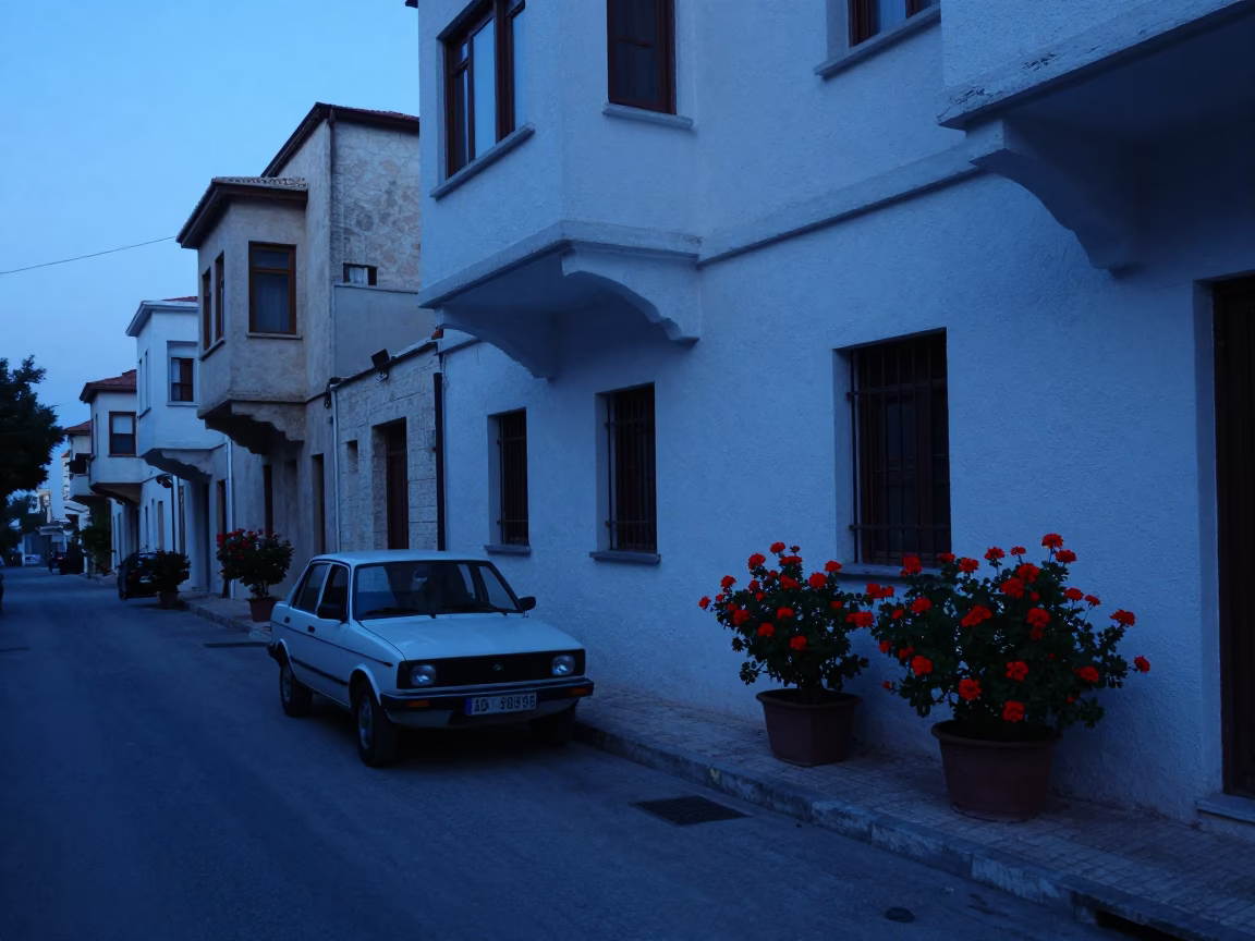 Blue Hour Beirut Street Scene with Geraniums and Vintage Car in in Beirut, Lebanon