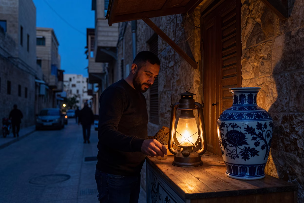 Blue Hour Beirut Street Scene with Oil Lamp and Porcelain Jar in in Beirut, Lebanon
