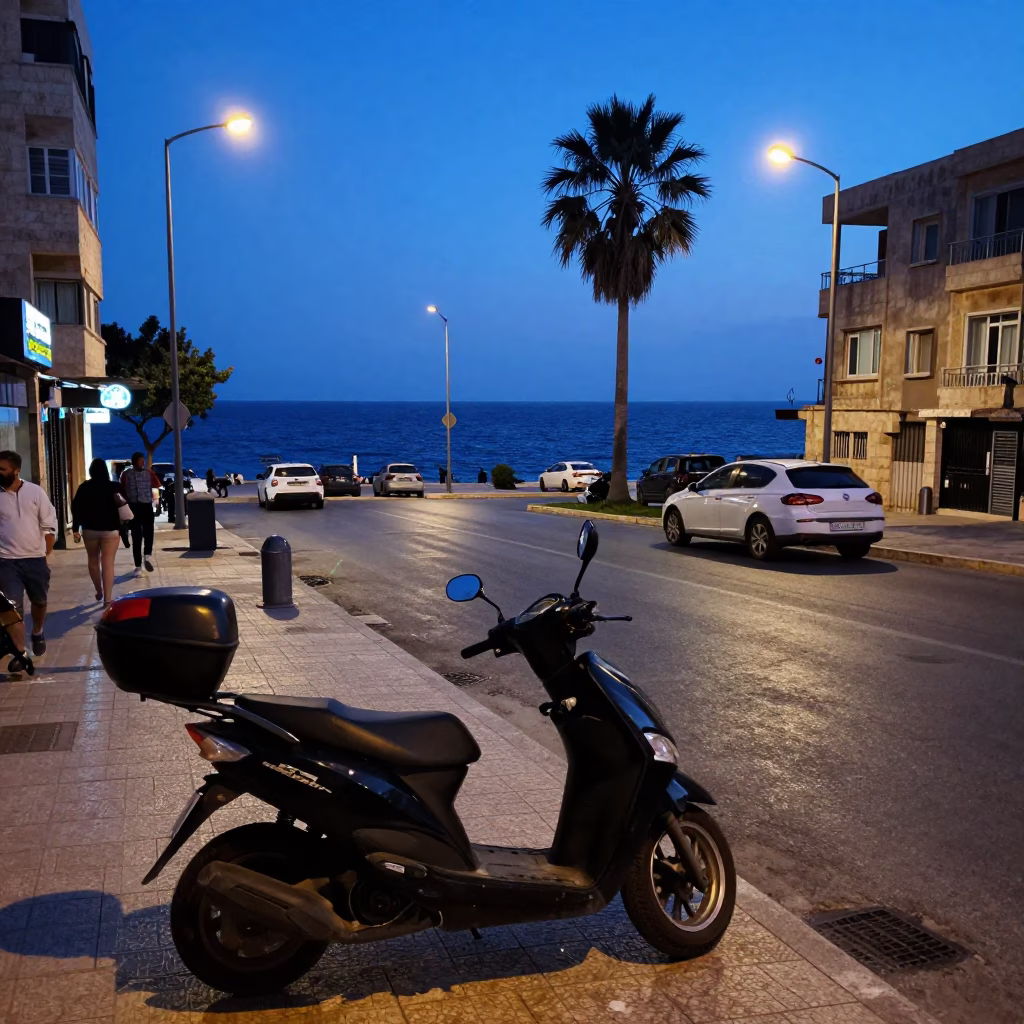 Blue Hour Beirut Street Scene with Parked Scooter and Coastal Ambience in in Beirut, Lebanon