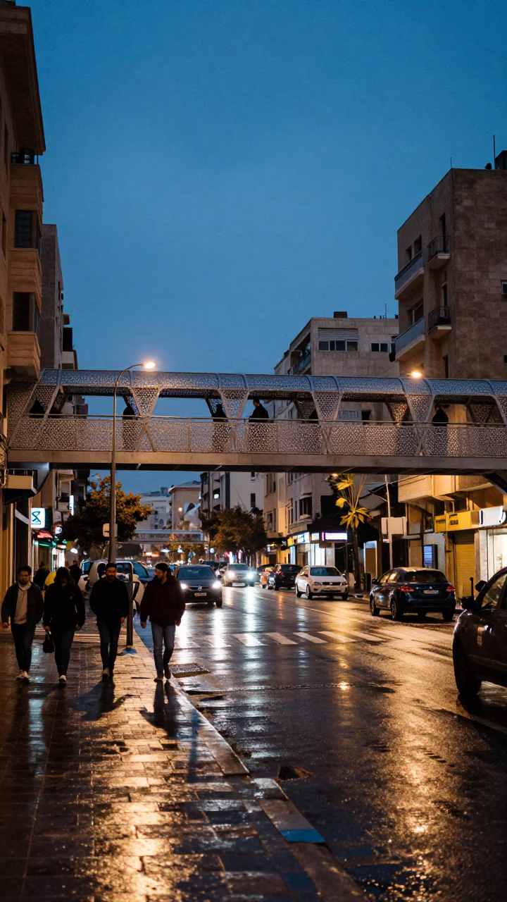 Blue Hour Beirut Street Scene with Pedestrian Overpass and Perforated Metal Details in in Beirut, Lebanon