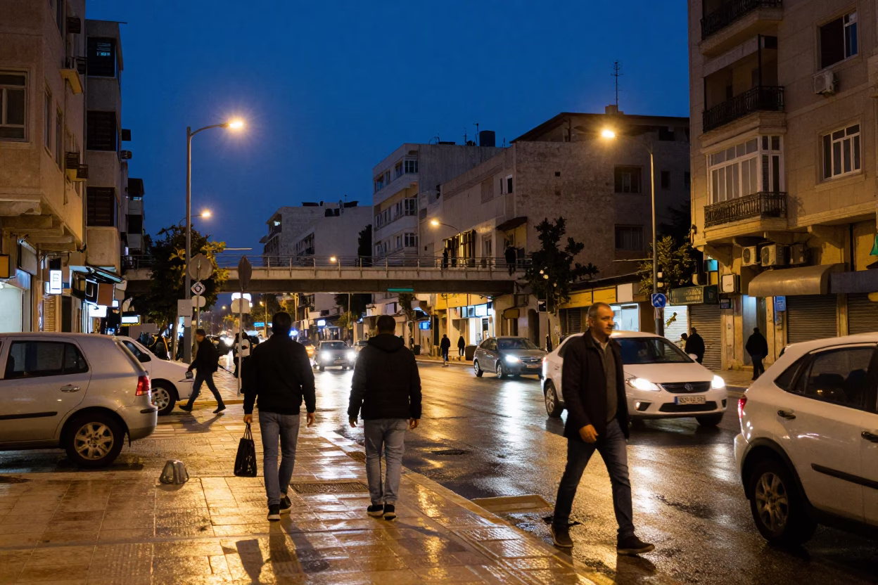 Blue Hour Beirut Street Scene with Pedestrian Overpass and Wet Footsteps in Lebanon in in Beirut, Lebanon