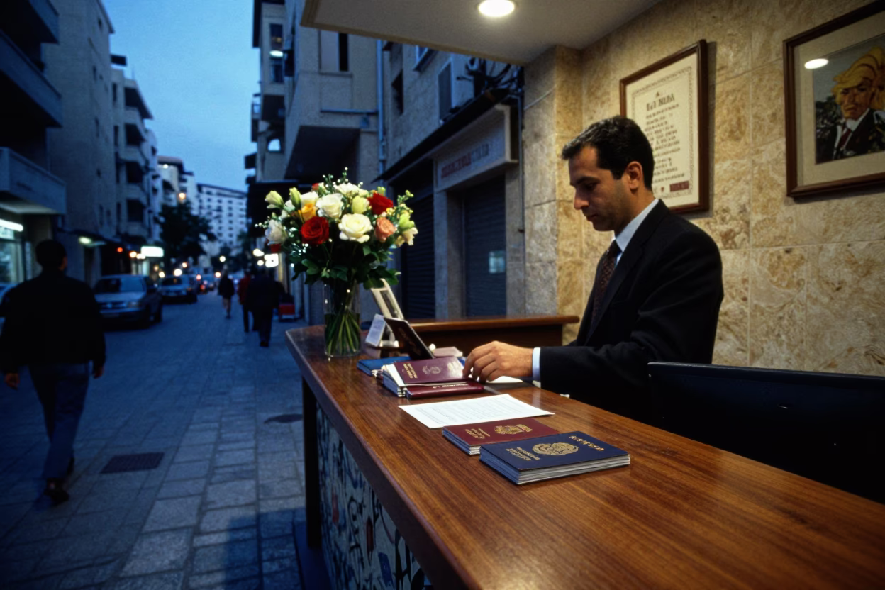 Blue Hour Beirut Street Scene with Reception Desk and Passports in in Beirut, Lebanon