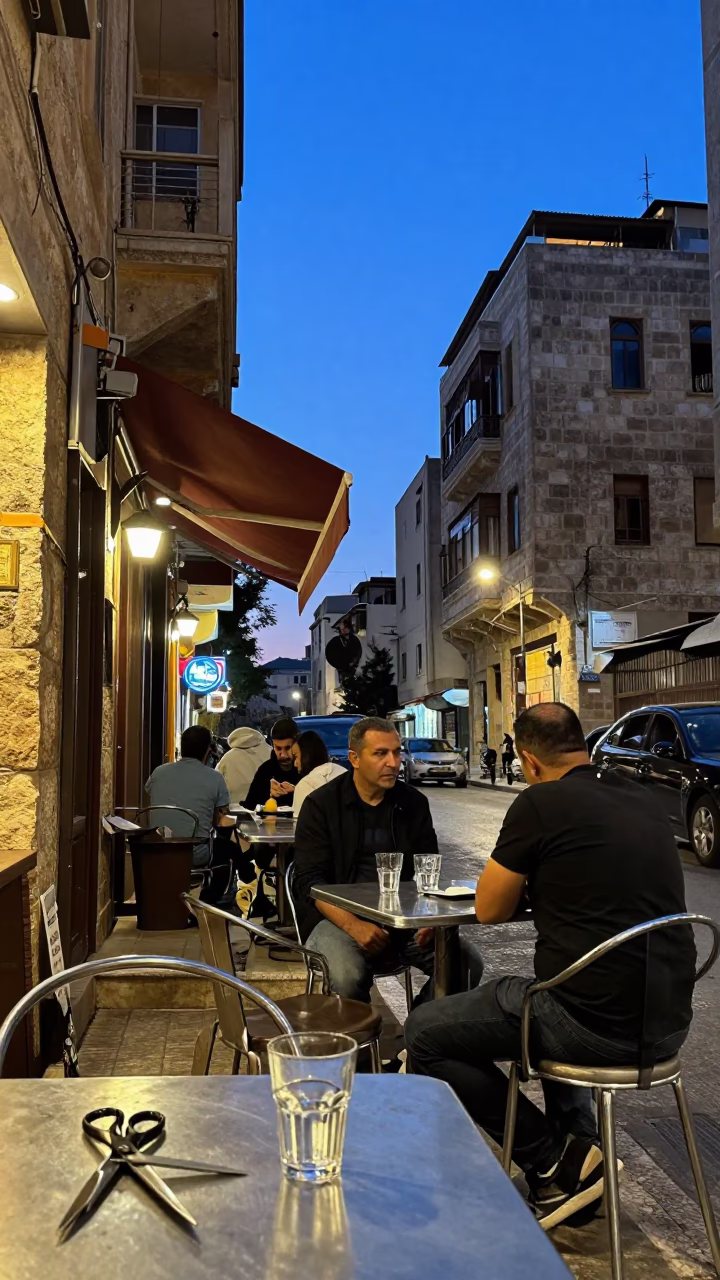 Blue Hour Beirut Street Scene with Tailor Shears and Glass Cup in in Beirut, Lebanon