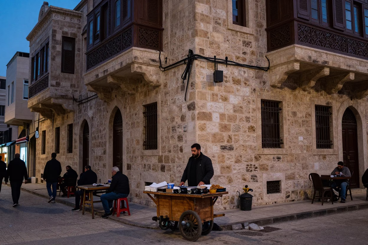 Blue Hour Beirut Street Scene with Vendor and Traditional Elements in in Beirut, Lebanon