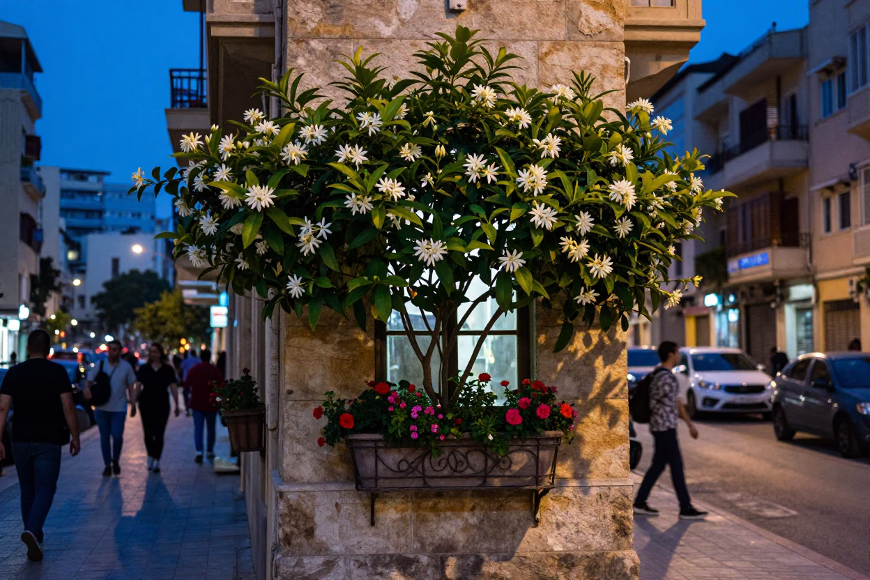 Blue Hour Beirut Street Scene with Window Box Flowers and Urban Life in in Beirut, Lebanon