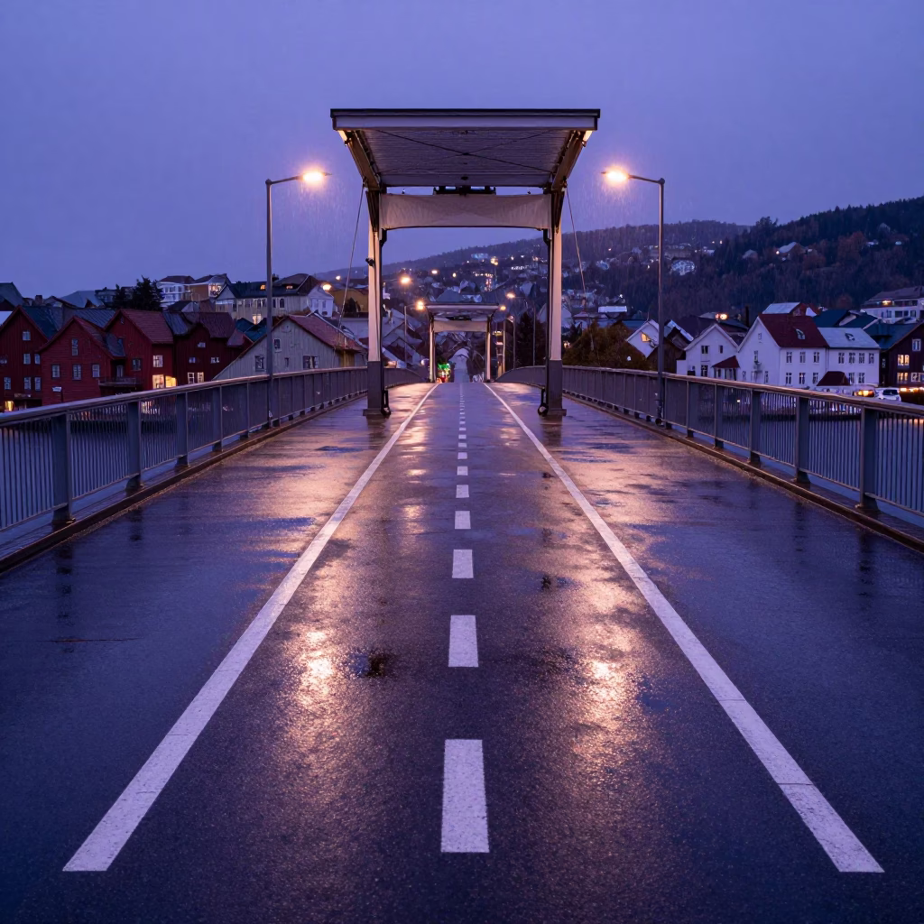 Blue Hour Bergen Norway Drawbridge Deck Markings Shining Under Harbor Drizzle in in Bergen, Norway
