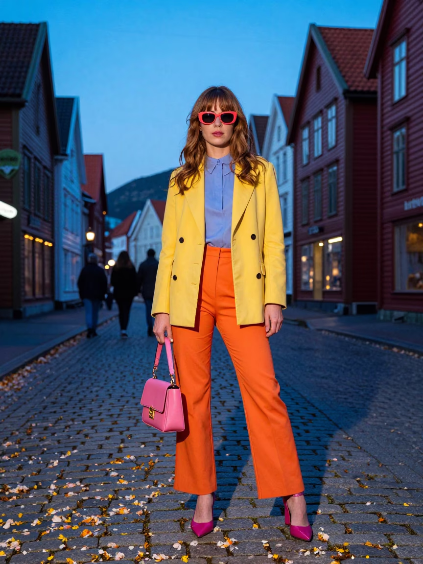 Blue Hour Bergen Norway High Fashion Street Style Colorful 1960s Inspired Portrait in in Bergen, Norway