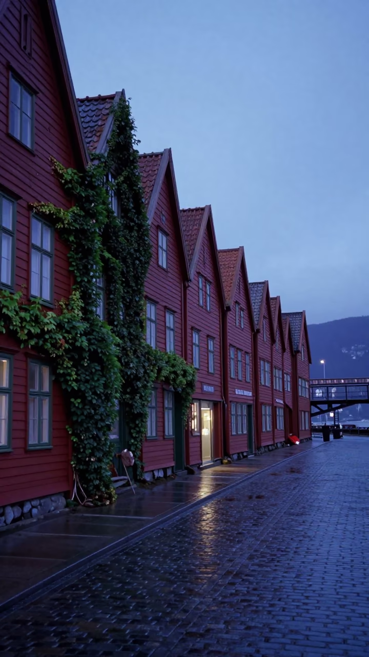 Blue Hour Bergen Norway Street Scene with Ivy Vines and Bridge Maintenance Cradle in in Bergen, Norway