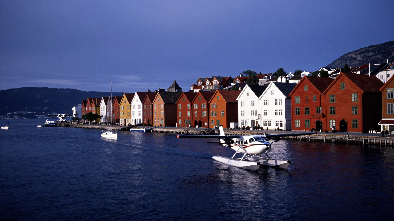 Blue Hour Bergen Norway Street Scene with Seaplane and Sailboat in Harbor in in Bergen, Norway