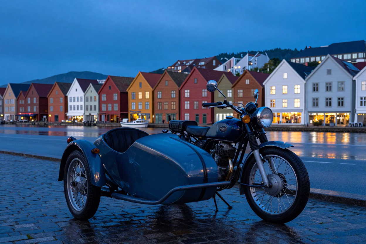 Blue Hour Bergen Norway Street Scene with Vintage Motorcycle and Sidecar at Dusk in in Bergen, Norway