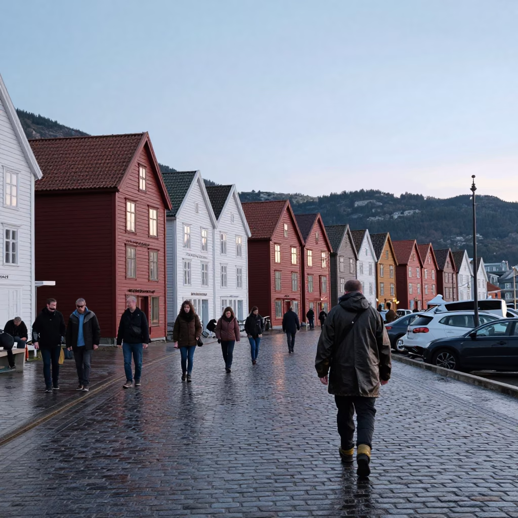 Blue Hour Bergen Norway Street Scene with Wet Cobblestones and Local Activity in in Bergen, Norway