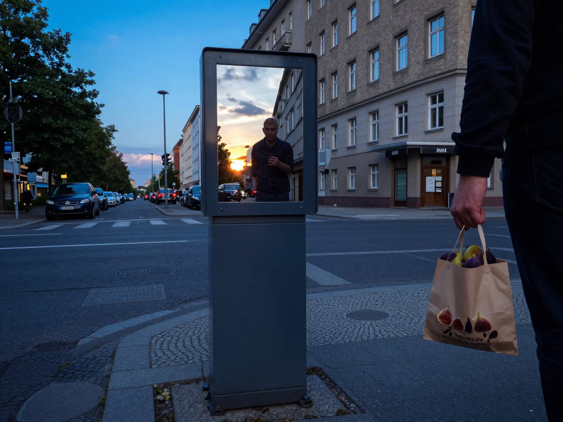 Blue Hour Berlin Street Scene with Figs and Valet Stand Reflections in in Berlin, Germany