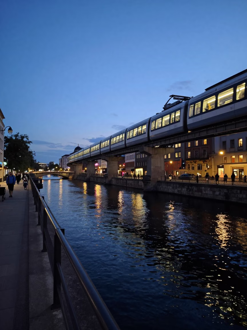 Blue Hour Berlin Street Scene with Monorail and River Reflections in in Berlin, Germany