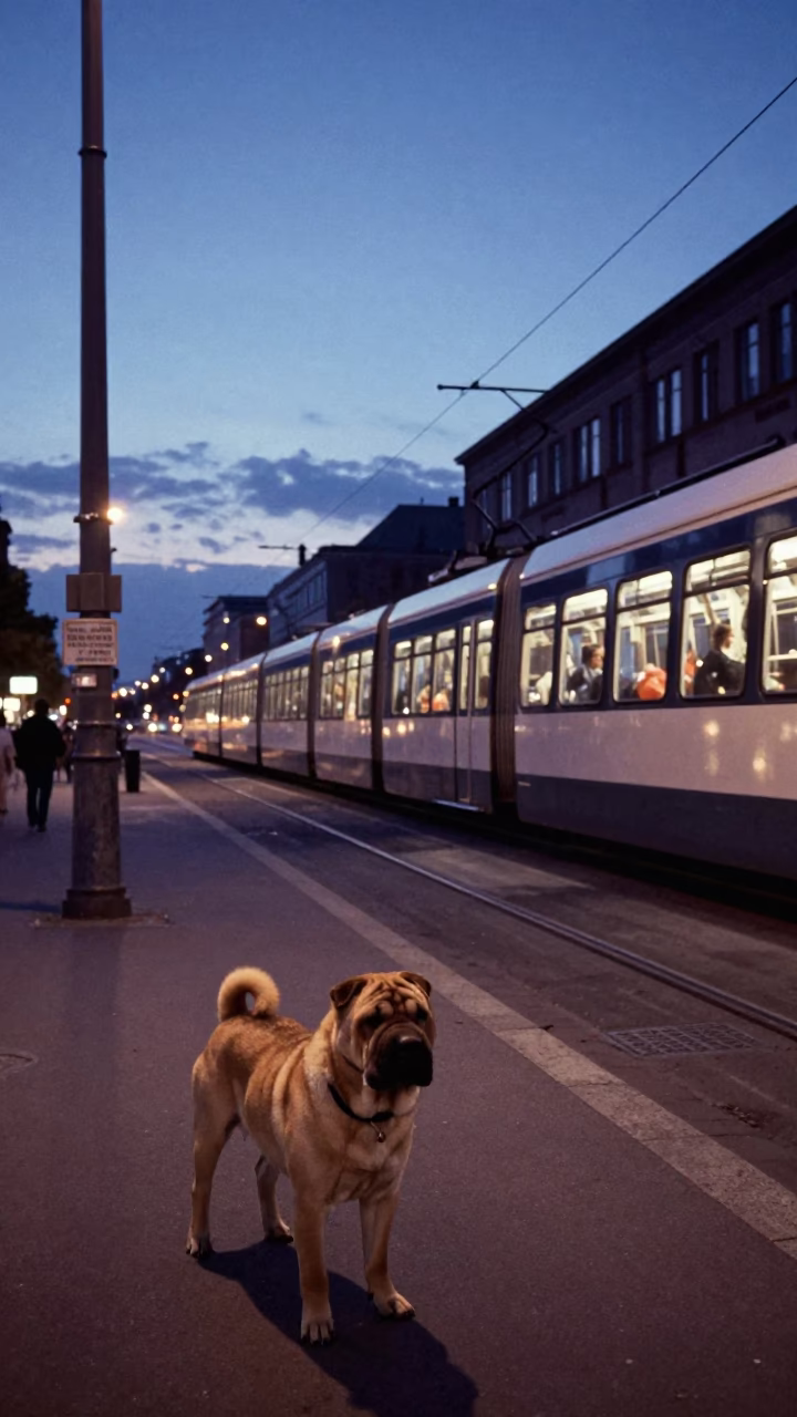 Blue Hour Berlin Street Scene with Monorail and Shar-Pei Dog in in Berlin, Germany