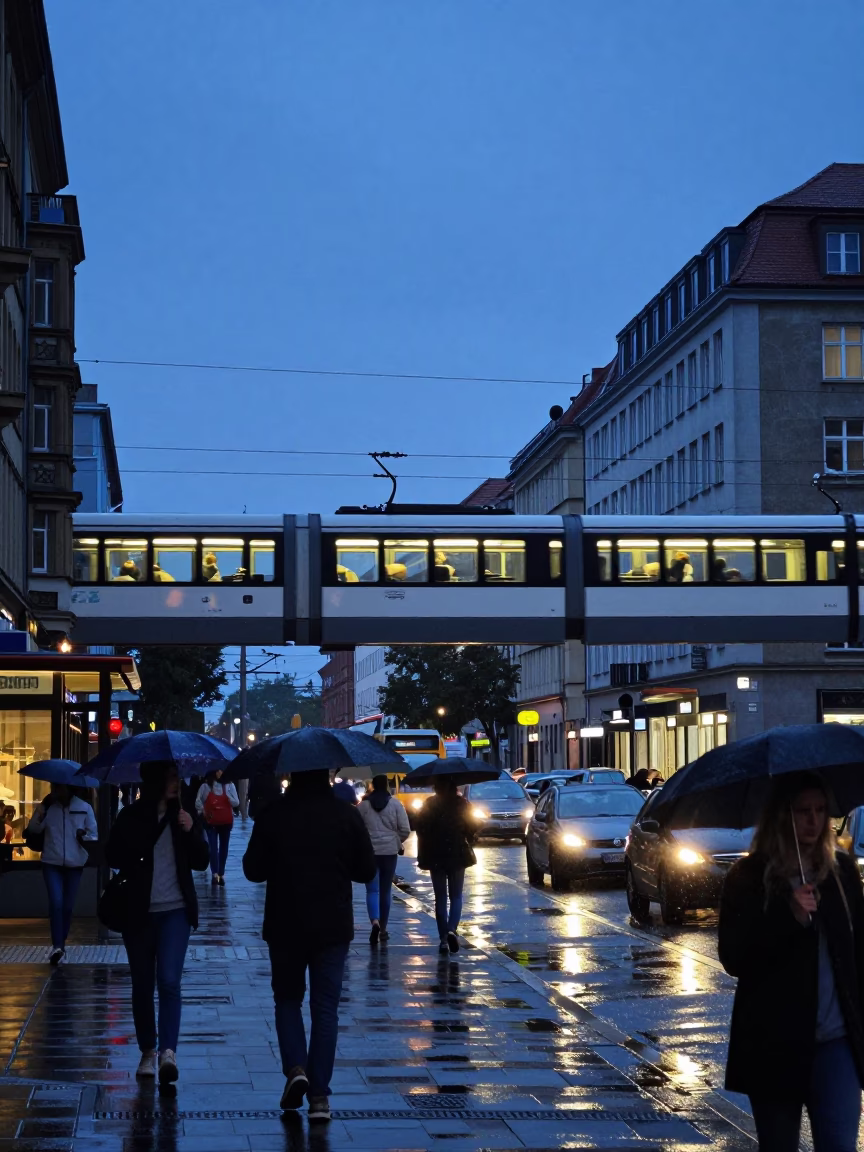 Blue Hour Berlin Street Scene with Monorail Overhead and Busy Urban Life in in Berlin, Germany