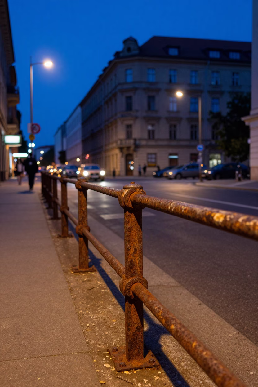 Blue Hour Berlin Street Scene with Rusty Rail and Vintage Bakelite Telephone in in Berlin, Germany