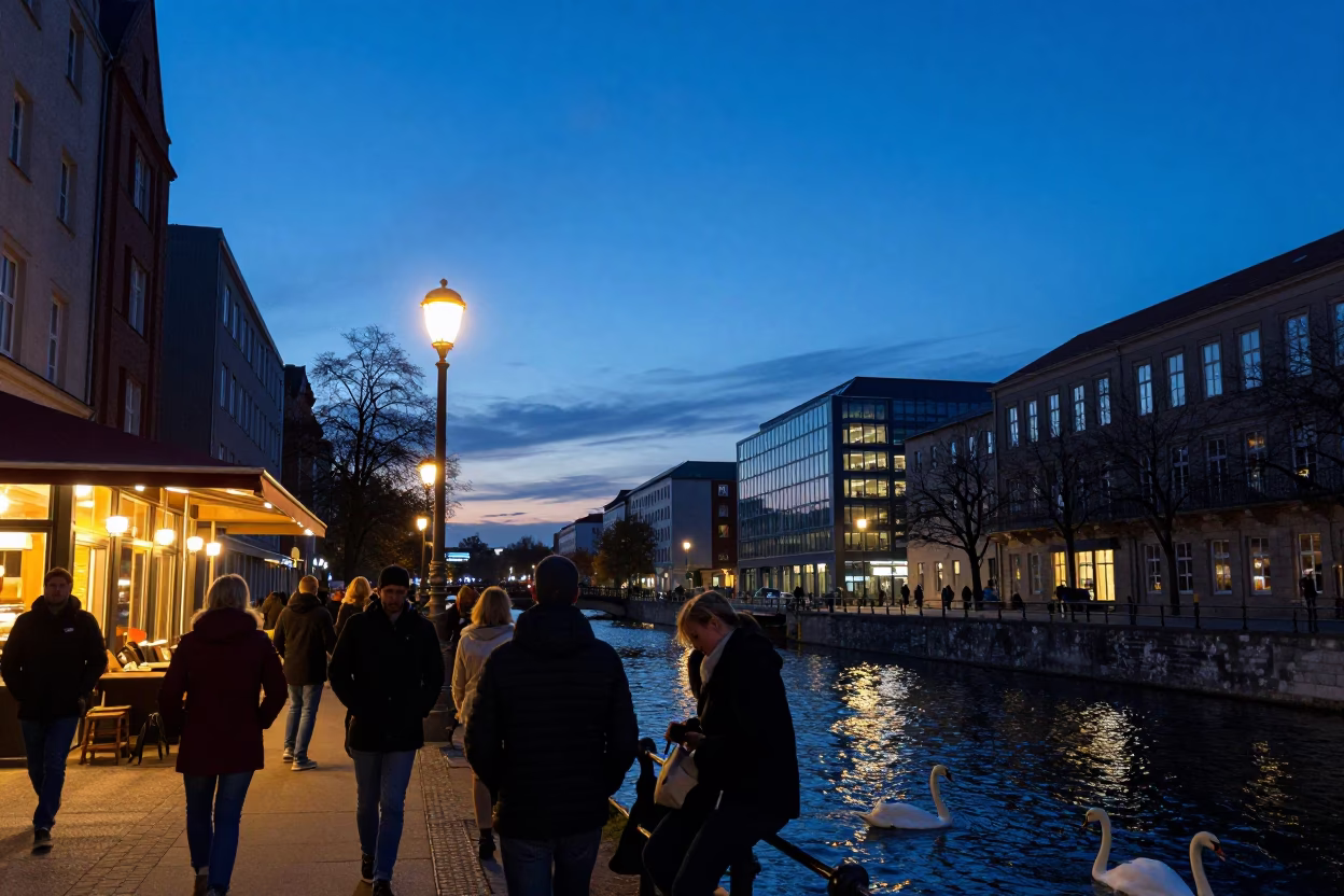 Blue Hour Berlin Street Scene with Swans and Urban Light in in Berlin, Germany