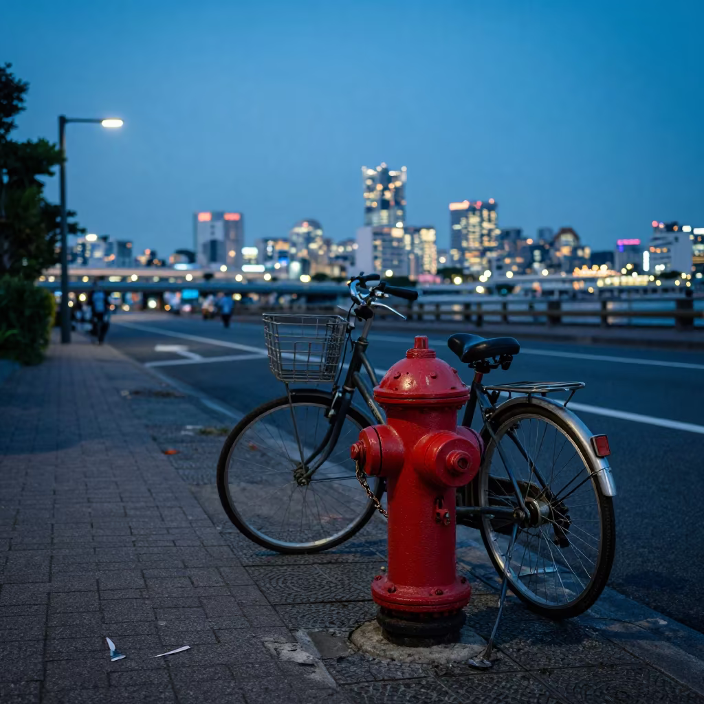 Blue Hour Bicycle Chained Hydrant Yokohama in along a market-lined side street in Yokohama