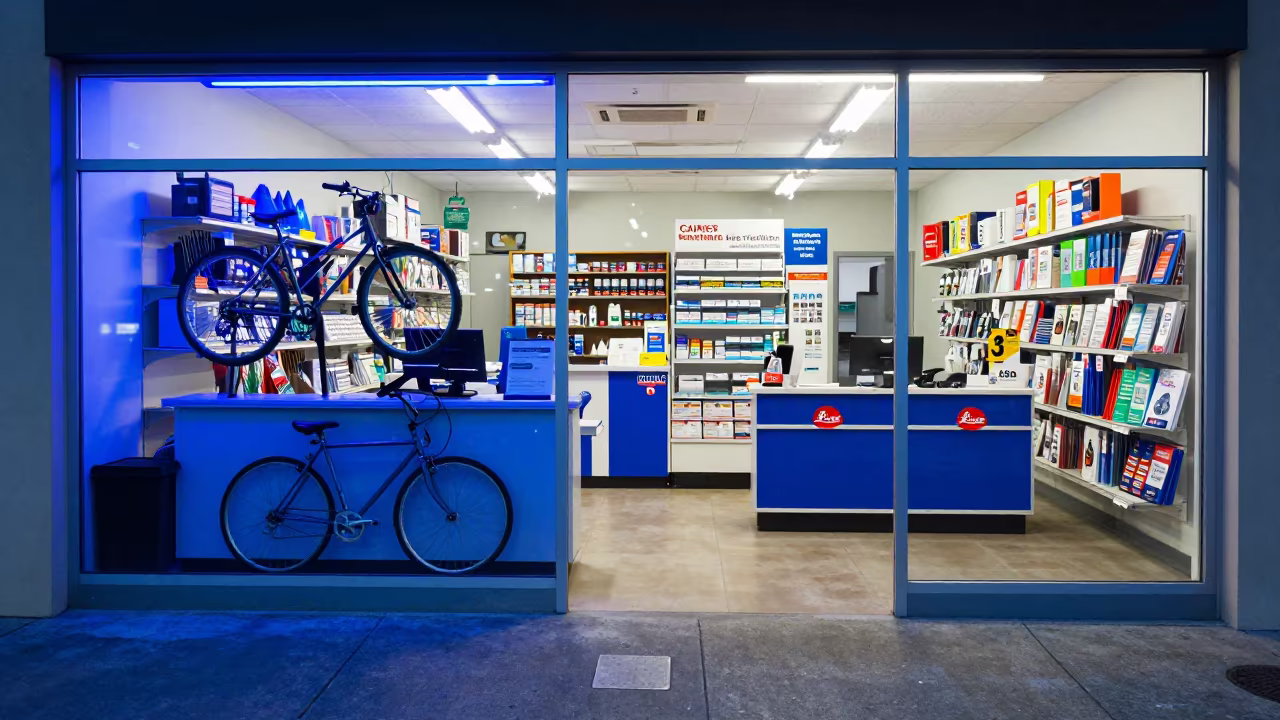 Blue Hour Bike Repair Tag Rail Storefront in inside a storefront prepared for opening near Cairns