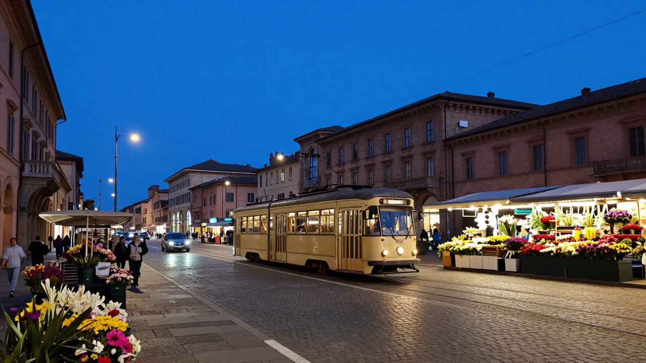 Blue Hour Bologna Street Scene with Vintage Tram and Flower Market Stall in in Bologna, Italy