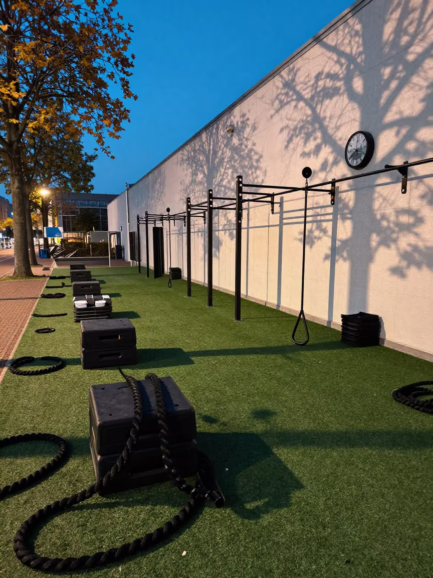 Blue Hour Bootcamp Lane with Ropes and Boxes in along a turf bootcamp lane outside the gym in The Hague