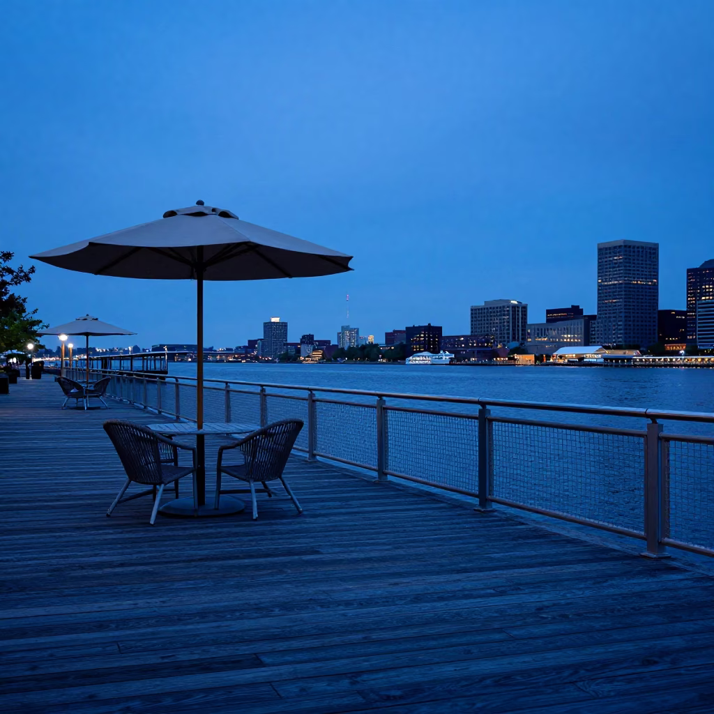 Blue Hour Boston Harbor Waterfront with Umbrella Stand and City Skyline in in Boston, Massachusetts, United States