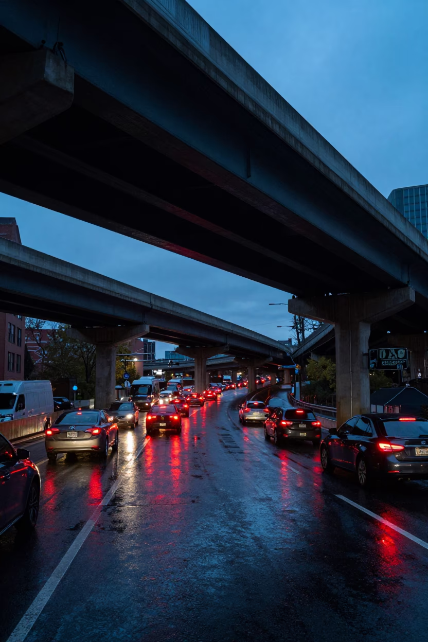 Blue Hour Boston Overpass Interchange Glowing Taillights After Rain in in Boston, Massachusetts, United States