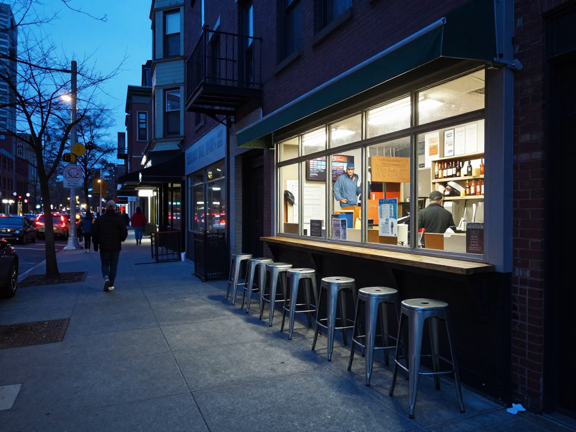 Blue Hour Boston Street Scene with Bar Stools and Urban Details in in Boston, Massachusetts, United States