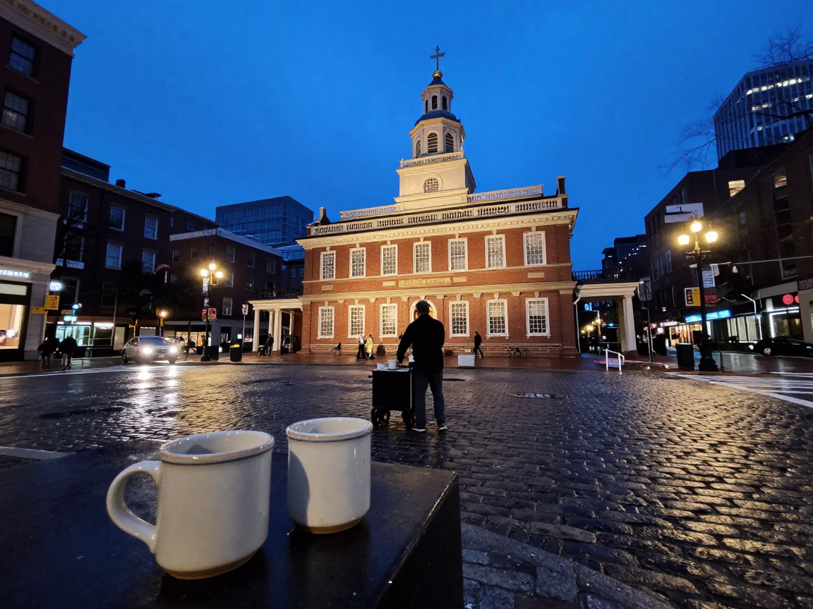 Blue Hour Boston Street Scene with Ceramic Mugs and Urban Ambiance in in Boston, Massachusetts, United States